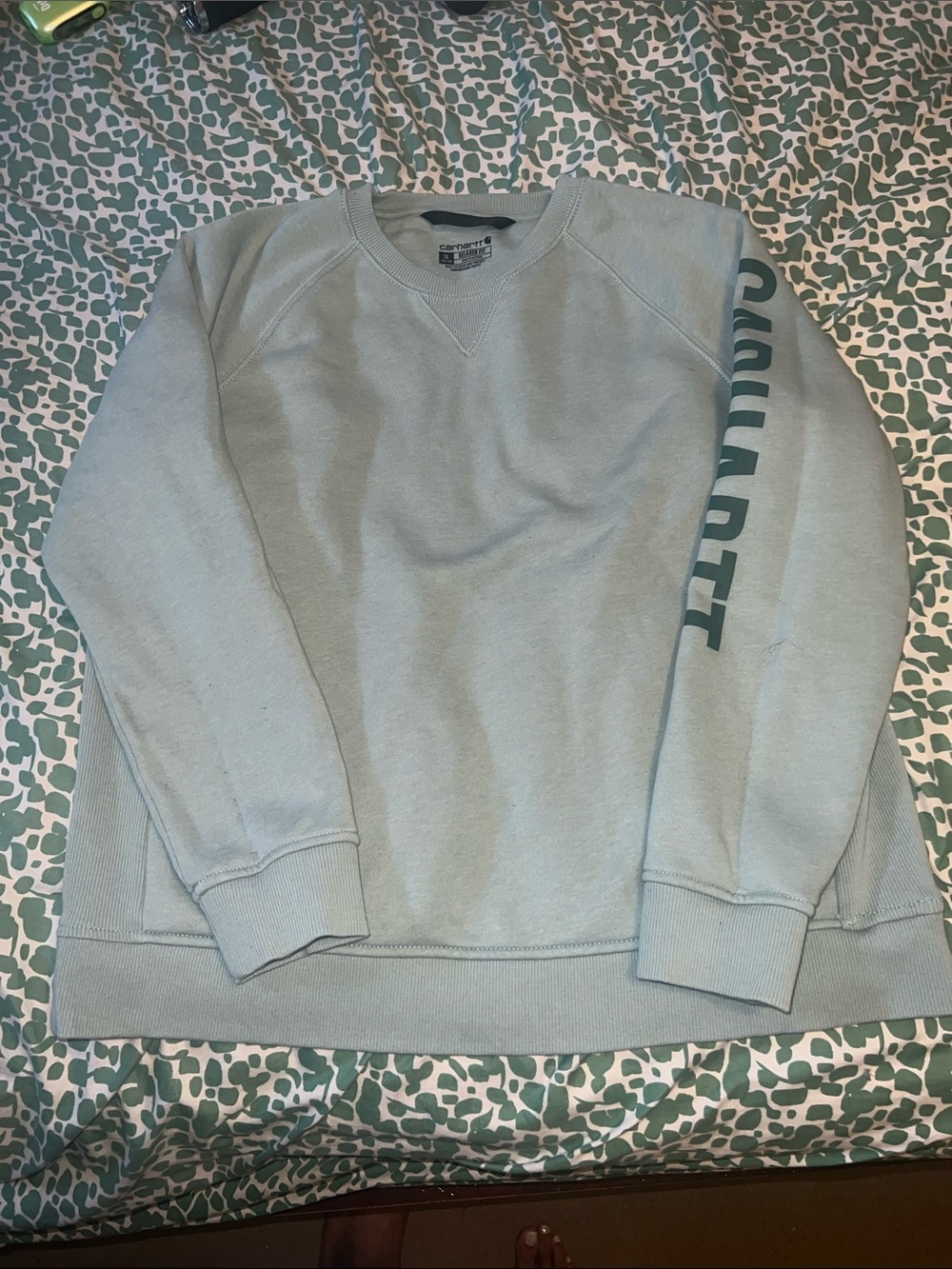 Carhartt Women’s Pale Blue Crewneck Sweatshirt with Sleeve Logo